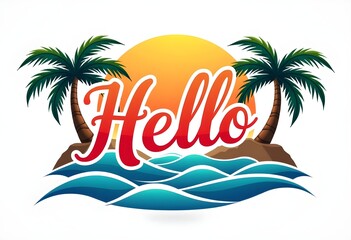 Vibrant tropical illustration featuring the word Hello in bold, gradient red script typography. The text is centered against a large yellow-orange sun backdrop. 