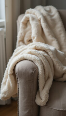 Warm Plush Throw in Beige Tones on a Chair Arm