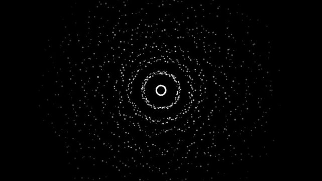 Minimalist white particle ripple effect on black canvas, smooth and slow expansion with fading flicker on wave edges loop