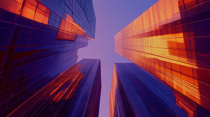 Cityscape at Sunset: Looking up at towering skyscrapers, bathed in the warm, vibrant hues of a sunset, creating a dramatic and awe-inspiring urban landscape.