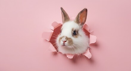 Obraz premium Adorable Bunny Peeking Through a Hole in Pink Paper: A Cute Easter Image