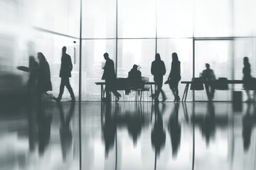 Silhouettes of Business People Moving in Modern Office Building with City View