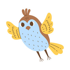 Whimsical Flying Bird Illustration. Funny hand drawn Sparrow Finch Songbird vector animal with wings and crest. Childish character flat design