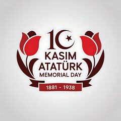 10 Kasım Atat&uuml;rk Memorial Day official logo with Turkish red tulip symbols and crescent moon, national remembrance emblem, Turkey founder commemoration design, 1881-1938 anniversary insignia