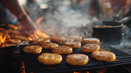 A close-up of crispy Thai coconut pancakes (Kanom Krok) served in a traditional street food setting with warm tones and copy space.