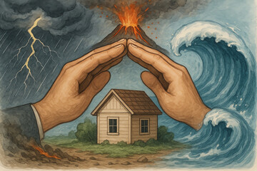 A conceptual illustration depicting hands protecting a house from natural disasters like volcanoes, waves, and lightning, showcasing the theme of environmental safety.
