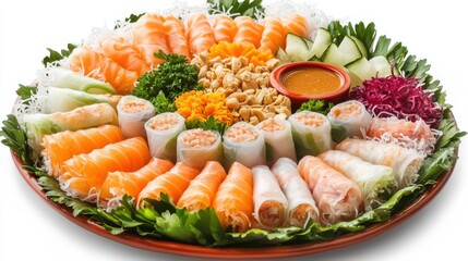 A colorful platter of Thai fresh spring rolls with peanut dipping sauce, arranged neatly with an airy composition for text placement.