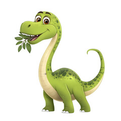 Obraz premium A cheerful, friendly dinosaur happily munching on a leafy branch, a vibrant cartoon illustration with bright green tones and a playful posture.