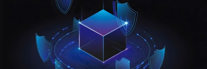 Minimalist glowing neon cube with rotating security shields