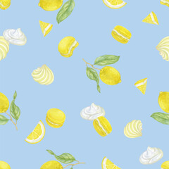 Seamless pattern lemon and macaron hand drawn watercolor painted .You can Edit background from eps file.