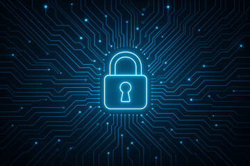A glowing blue padlock symbol against a dark circuit board background, representing digital security and data protection in a modern technological landscape.