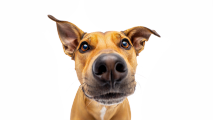 Funny dog portrait with big nose looking curiously at camera, wide-angle perspective. Humorous close-up of cute canine face isolated on transparent background. Image of playful pet personality.