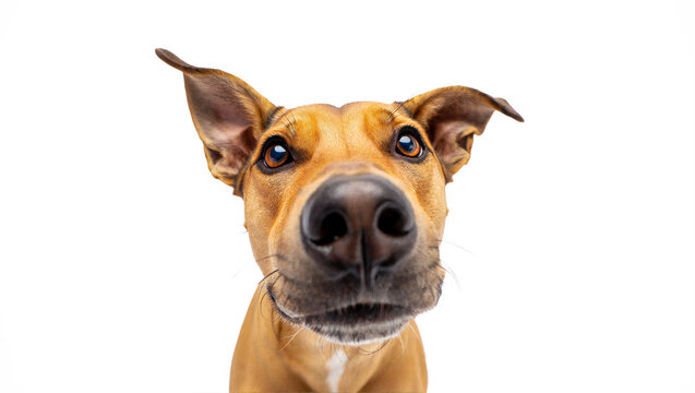 Funny dog portrait with big nose looking curiously at camera, wide-angle perspective. Humorous close-up of cute canine face isolated on transparent background. Image of playful pet personality.