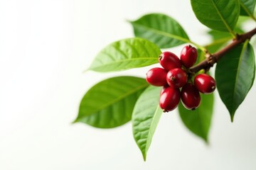 Obraz premium Coffee plant branch, ripe beans & leaves, pure white backdrop , fresh, arabica, botanical