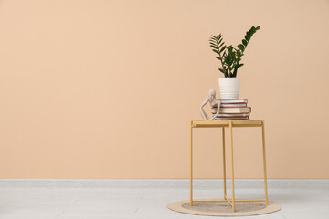 Table with stack of books and houseplant near beige wall