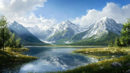 A lake illustrator nature serene landscape background with a winding path through lush green hills, dotted with wildflowers, under a dramatic sky, capturing nature's beauty and inviting adventure