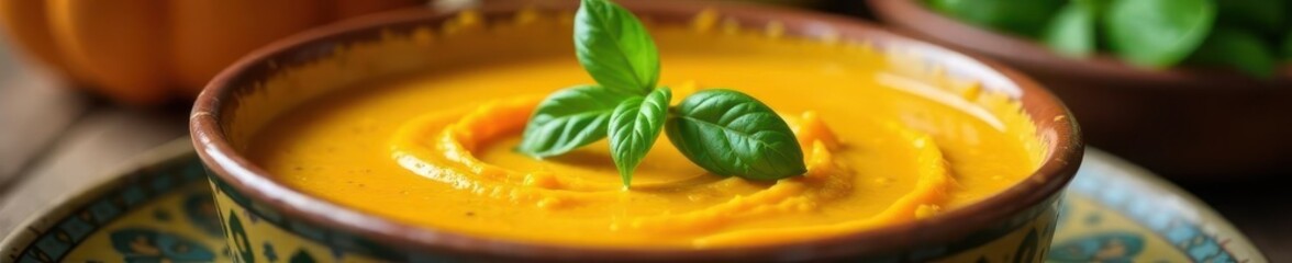 Obraz premium Rich pumpkin soup, fresh basil, decorative bowl, foodstyling, seasonal