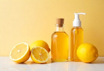 Composition with cosmetic products, honey and lemon on color background