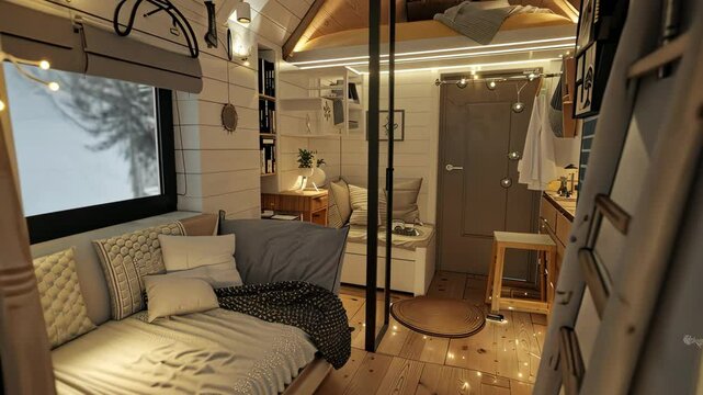 Explore the warm and inviting interior of a tiny home filled with smart storage solutions and stylish decor for efficient living