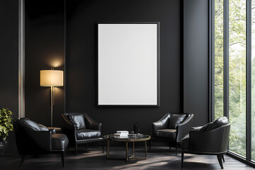 Dark Lounge with Mockup Poster: A sophisticated dark lounge features black leather armchairs arranged around a low coffee table.