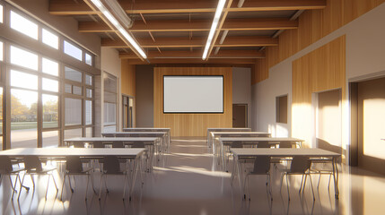 Modern Classroom: A contemporary, sun-drenched classroom setting with a focus on learning. Clean lines, modern fixtures, and the promise of a productive environment.