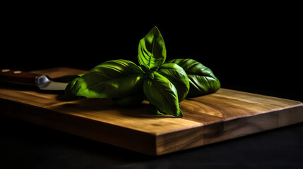 Fresh basil leaves rest on a wooden cutting board beside a kitchen knife. Ideal for cooking and culinary photography enthusiasts.