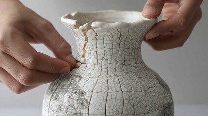 A close-up of a broken ceramic vase being carefully glued back together - vase cracked still
