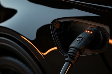 Close-up of electric car charging port with plugged-in cable at night