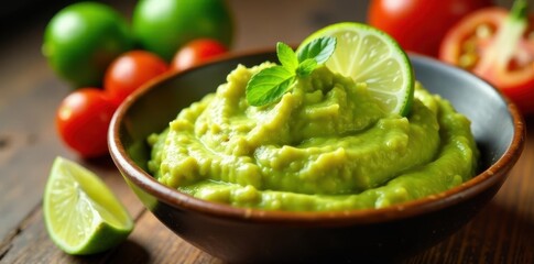 Obraz premium Creamy guacamole with sliced tomatoes and juicy lime halves, avocado, ingredients, recipe