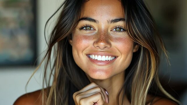 Radiant Smile, Freckles, and Happiness: A Captivating Portrait