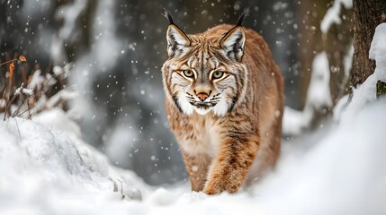 Obraz premium A lynx walking through a snowy forest