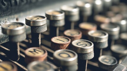 Vintage typewriter keys, covered in dust, evoke nostalgia with their worn-out charm and artistic composition, focusing on 'MISF.'