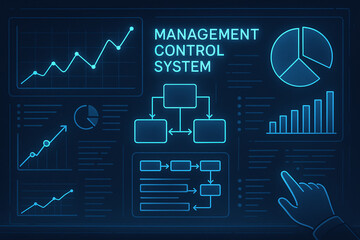 A sleek digital interface showcasing a management control system with graphs, flowcharts, and data visualizations, perfect for illustrating modern management and analytics concepts