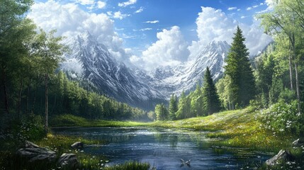 A illustrator nature serene landscape background with a winding path through lush green hills, dotted with wildflowers, under a dramatic sky, capturing nature's tranquil beauty and inviting adventure