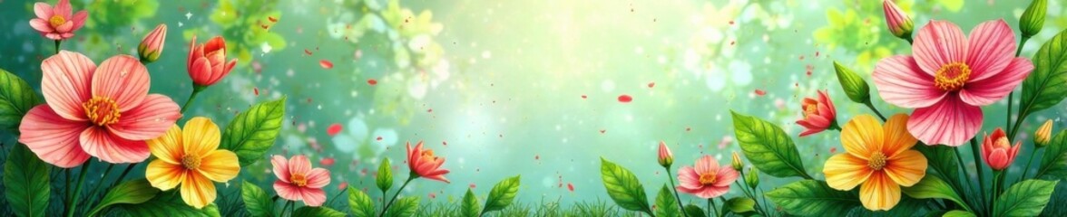 Geometric patterns of fresh greenery and blooming flowers on a bright summer background, abstract, summer, flowers