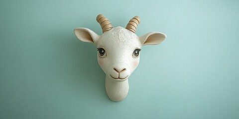 Decorative goat head hanging on light green wall