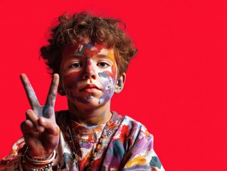 A kid covered in stickers and face paint, peace sign up high, isolated light red background