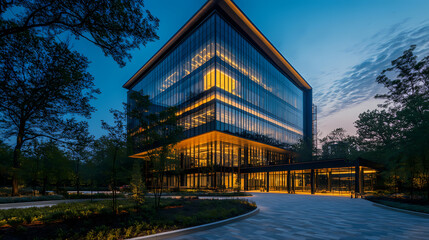 Obraz premium Modern Architectural Marvel: A sleek, modern building of glass and steel stands majestically, its illuminated interior contrasting with the soft twilight, epitomizing modern design and sophistication.