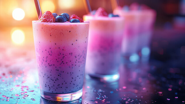 Health-focused smoothie cocktail with exotic fruits glowing on a sleek metallic surface in a vibrant, futuristic setting