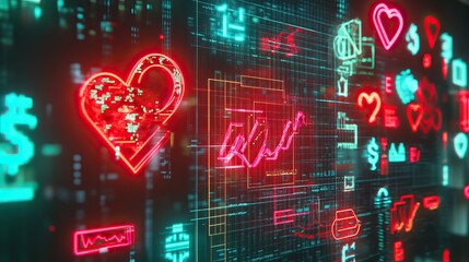 Abstract glowing financial technology icons floating in a digital grid