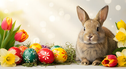 Adorable brown Easter bunny surrounded by colorful painted eggs, tulips, and daffodils, sitting on straw with a soft glowing bokeh background