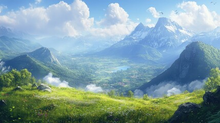 Fototapeta premium A illustrator nature serene landscape background with a winding path through lush green hills, dotted with wildflowers, under a dramatic sky, capturing nature's tranquil beauty and inviting adventure