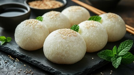 Fototapeta premium Fresh, steamed rice buns on a dark stone plate. Garnished with sesame seeds and mint leaves