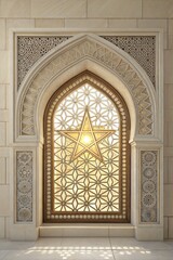 Fototapeta premium Intricate Islamic Window Design Illuminated by Sunlight 