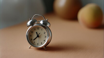 A vintage silver alarm clock at 2:00 stands prominently on a soft surface, with blurred fruits in the background adding a gentle touch.