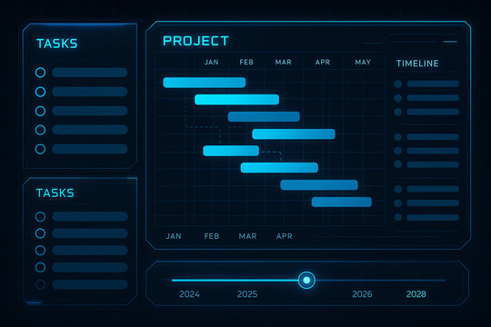 A modern project management interface displaying a Gantt chart with tasks and timelines. Ideal for illustrating productivity, planning, and organization in digital workflows.