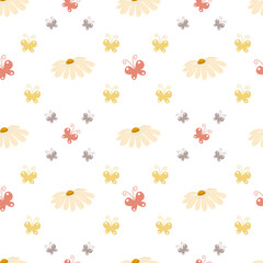 Seamless floral pattern with hand-drawn daisies and butterflies. Perfect for spring and summer themes, ideal for textiles, wallpaper, wrapping paper and baby products.