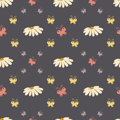 Seamless floral pattern with hand-drawn daisies and butterflies. Perfect for spring and summer themes, ideal for textiles, wallpaper, wrapping paper and baby products.