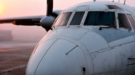 A cold dawn highlights the nose of an aircraft parked on the misty tarmac, capturing a serene aviation moment.