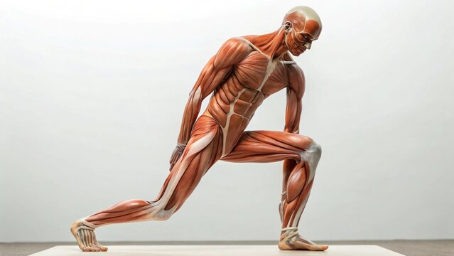 Anatomical model of human musculature in a lunge position, showcasing muscle groups during exercise. Represents anatomy and fitness
